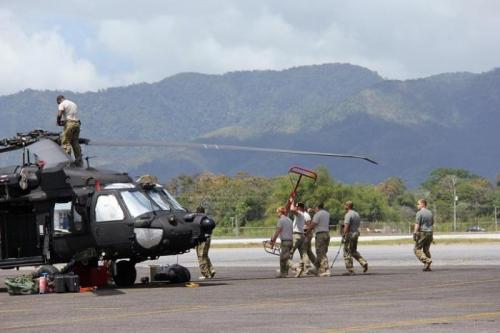 U.S. Army Blackhawk helicopters preparing for their mission in Trinidad and Tobago